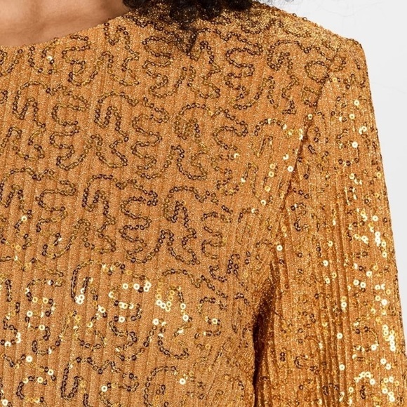 New Stine Goya Odis Mini Shift Dress Gold Sequin Sparkle Long Sleeve Sz S - Picture 15 of 16